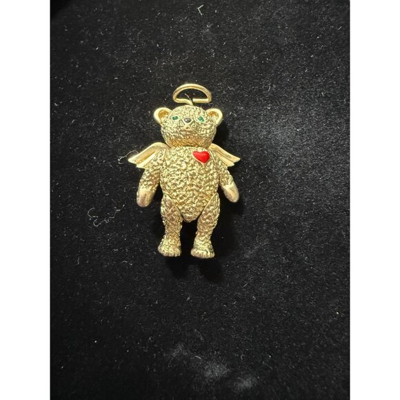 Vintage Gold Tone Angel Teddy Bear Pendant With Red Heart & Green Eyes Signed Ba - Picture 5 of 5